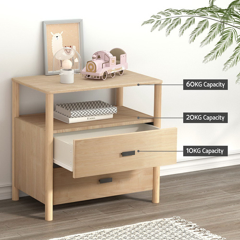 Pine 2-Drawer Nightstand with Shelf and Metal Handles