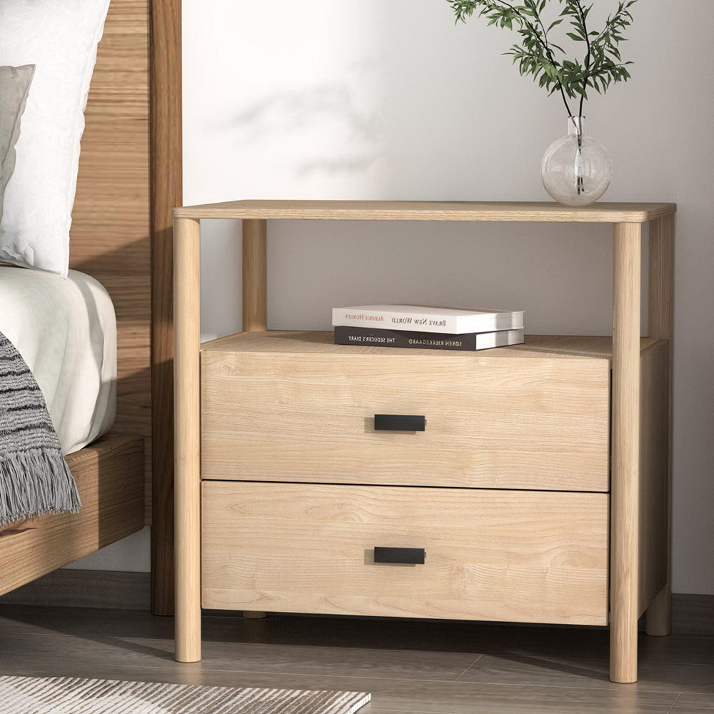 Pine 2-Drawer Nightstand with Shelf and Metal Handles