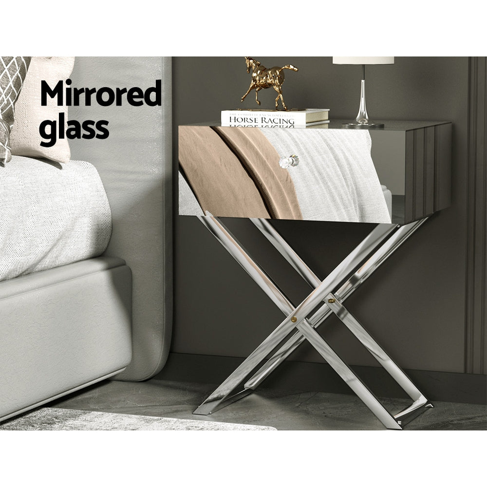 MOCO Bedside Table Mirrored Drawers Silver