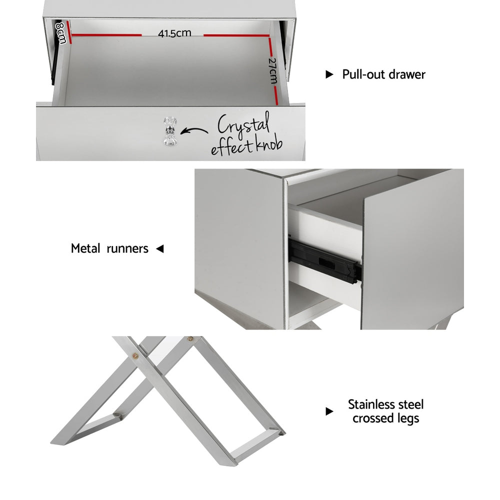 MOCO Bedside Table Mirrored Drawers Silver