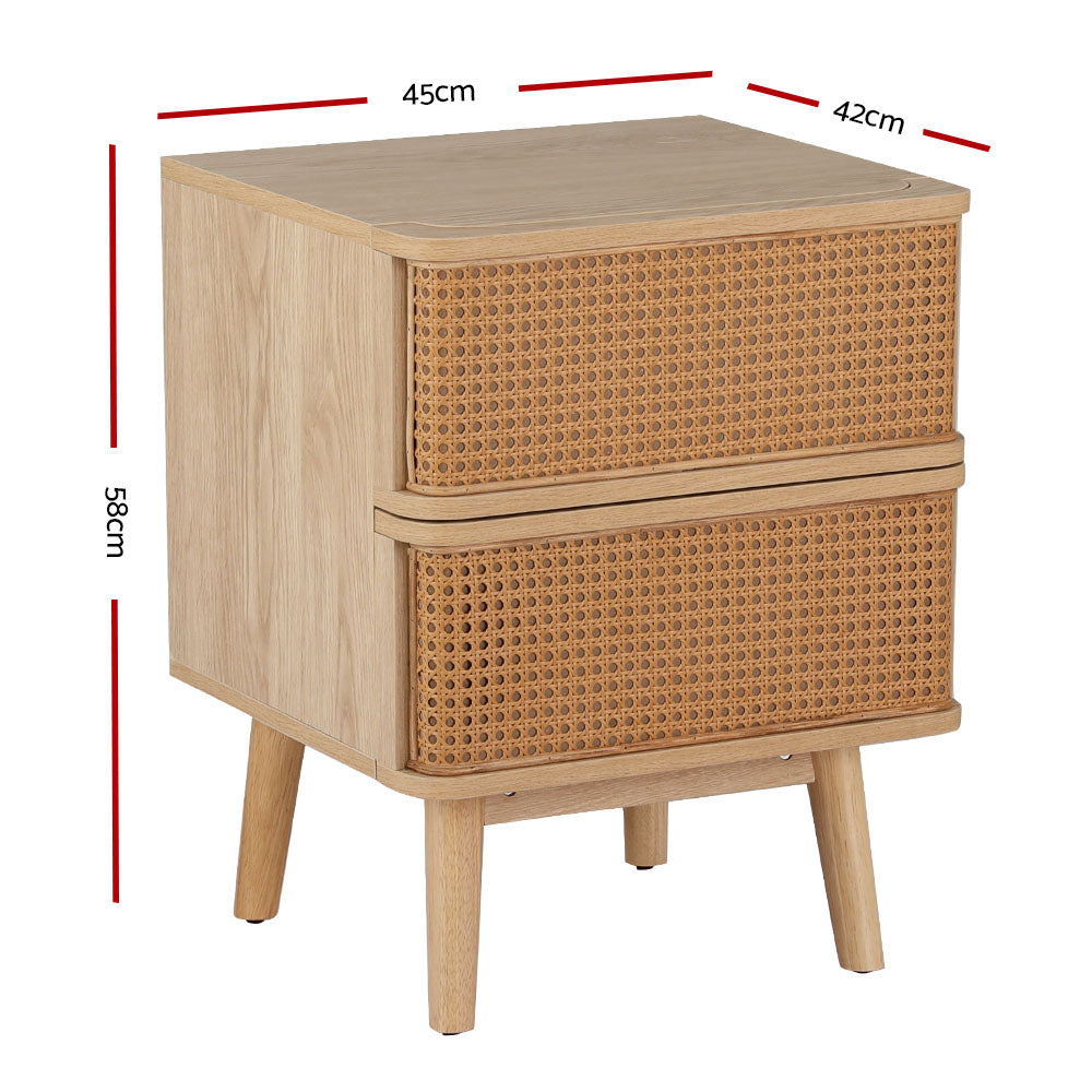 NORA Oak Rattan Bedside Table Drawers Nightstand