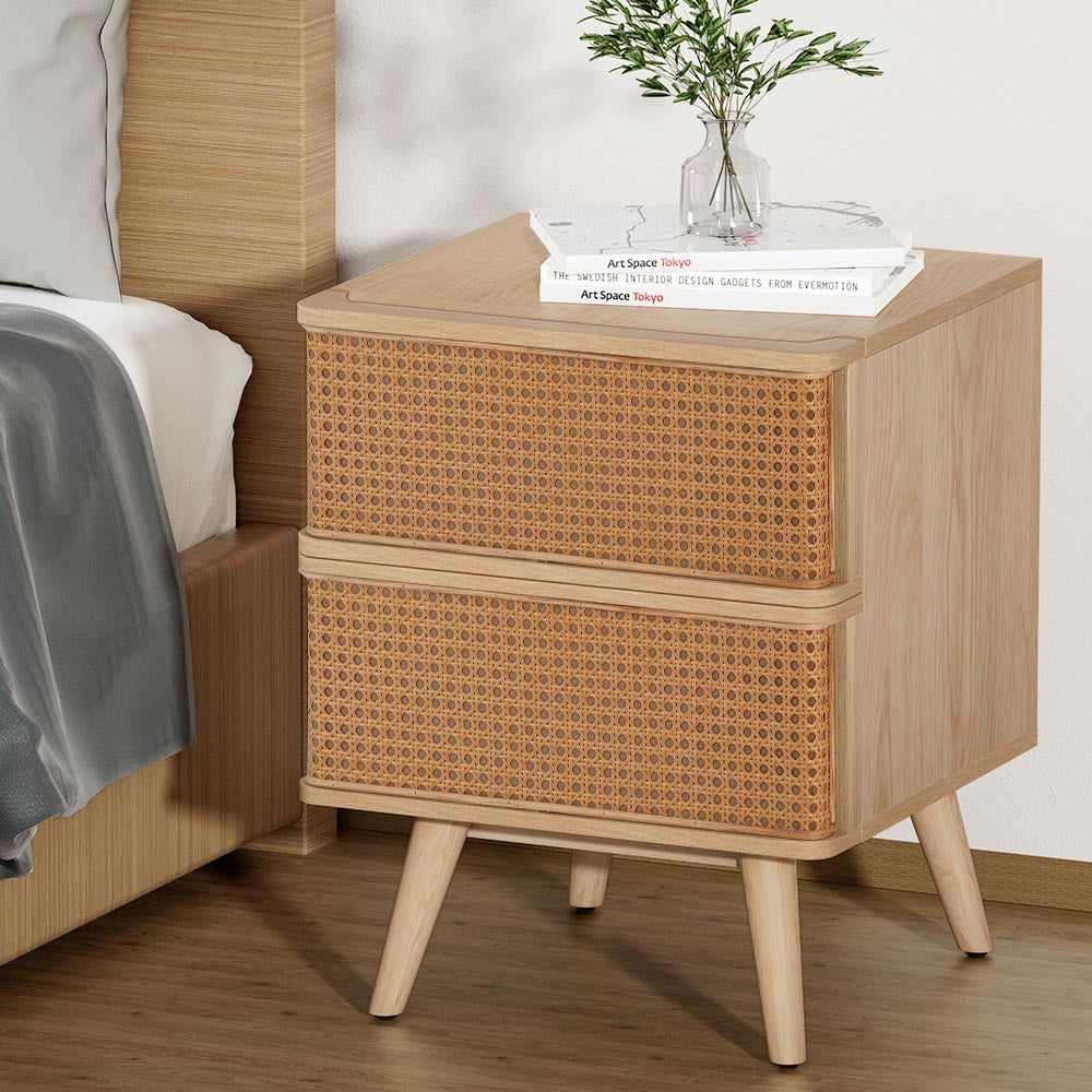NORA Oak Rattan Bedside Table Drawers Nightstand