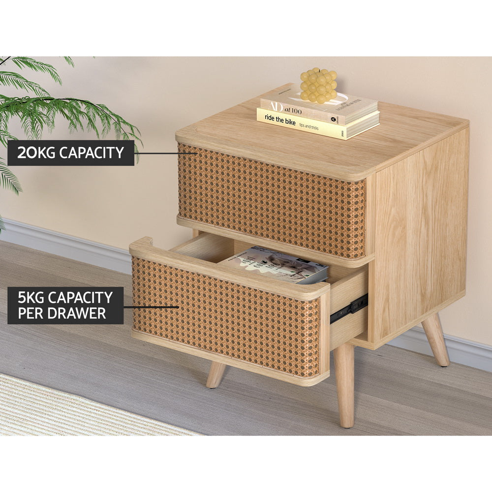 NORA Oak Rattan Bedside Table Drawers Nightstand