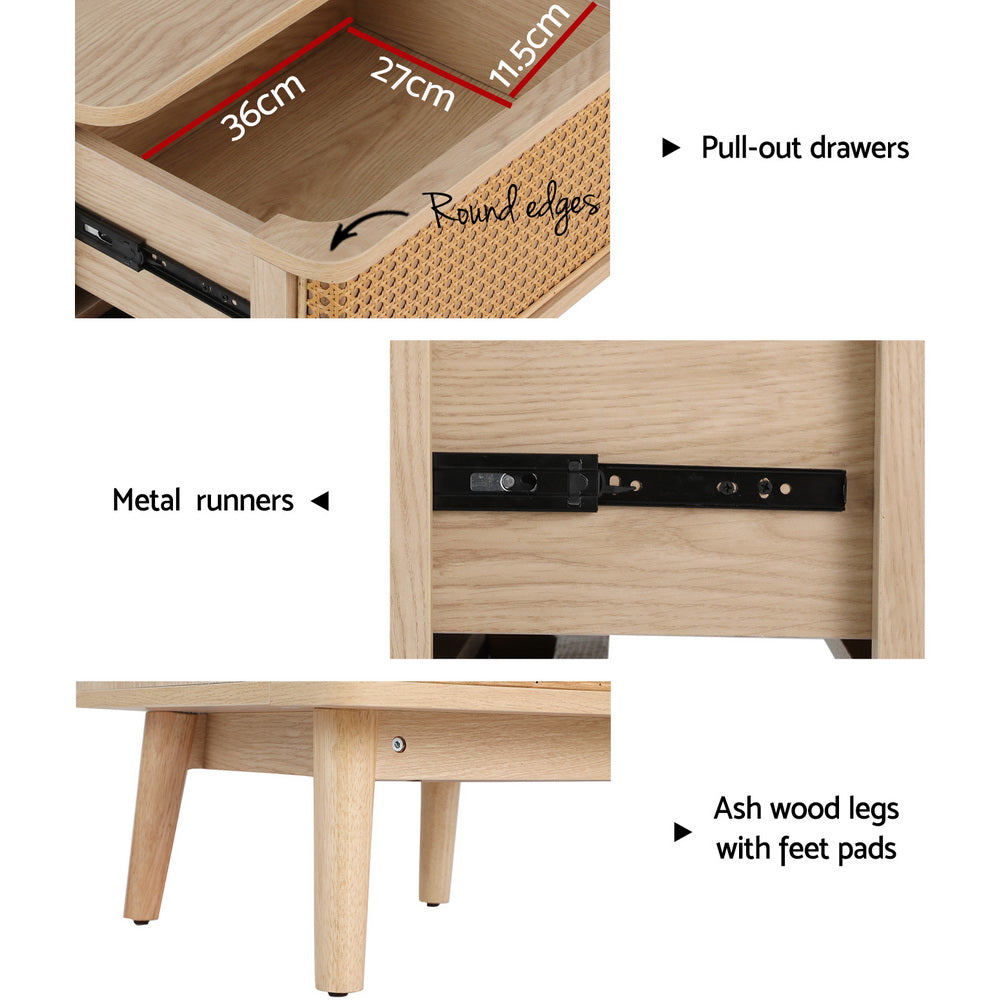 NORA Oak Rattan Bedside Table Drawers Nightstand