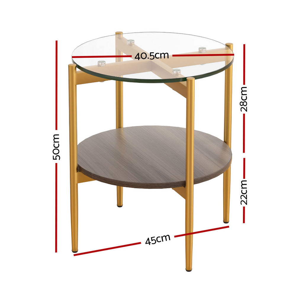 Carol 45cm Round Coffee Table Tempered Glass Pine Gold