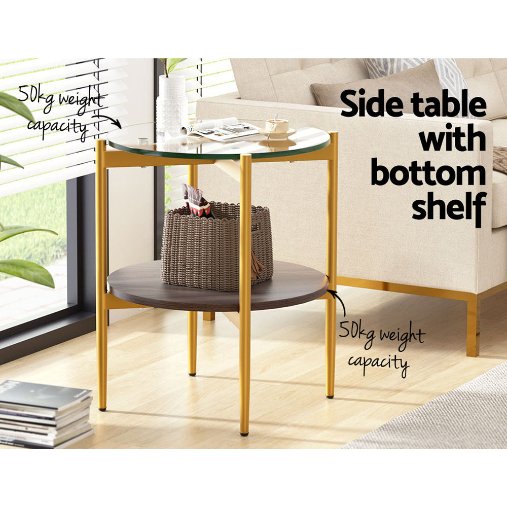 Carol 45cm Round Coffee Table Tempered Glass Pine Gold