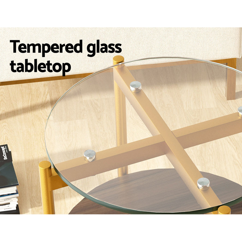 Carol 45cm Round Coffee Table Tempered Glass Pine Gold