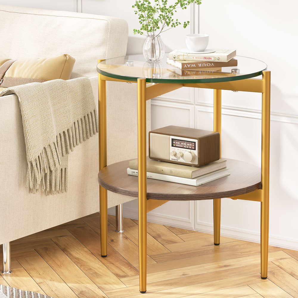 Carol 45cm Round Coffee Table Tempered Glass Pine Gold