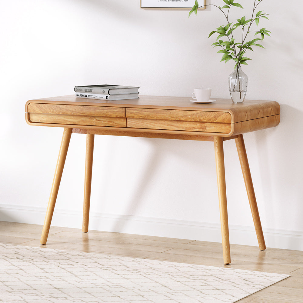 Scandinavian 100cm Computer Desk Natural Wood Two-Drawer