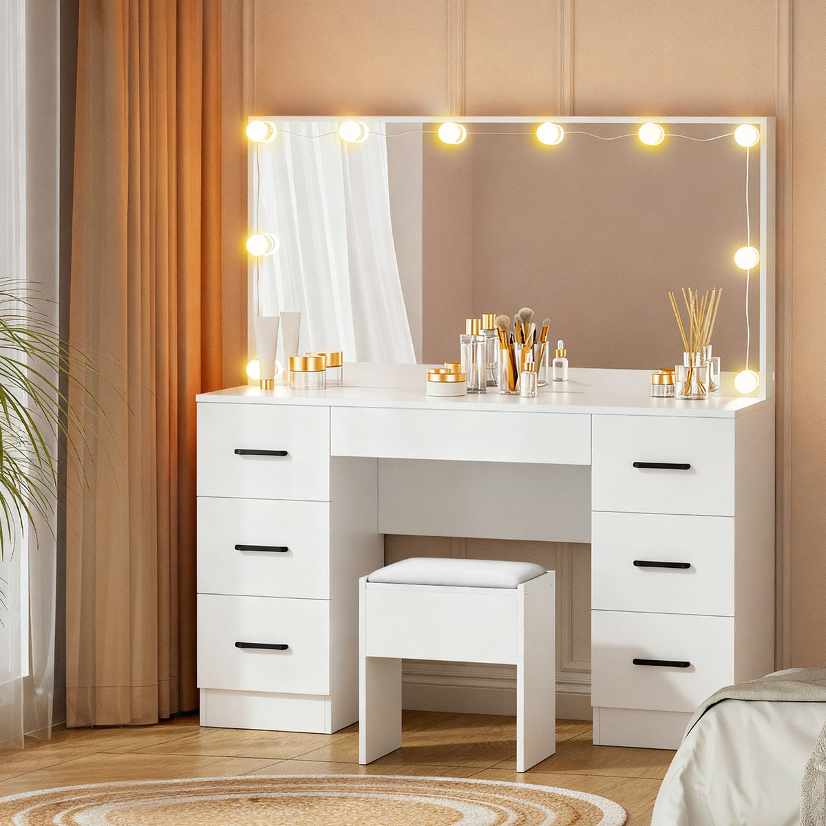 Debbie Dressing Table Set with Stool and 10 LED Bulbs White
