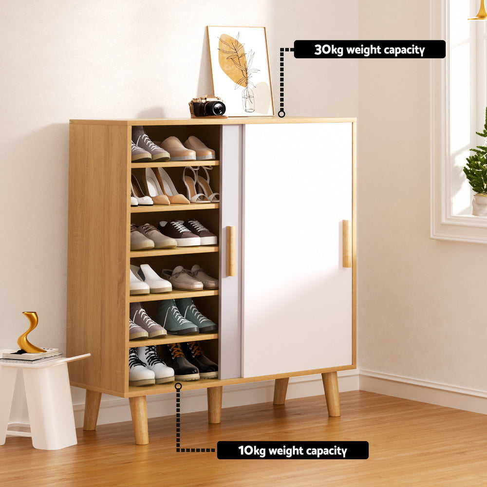 Lucas 30-Pair Shoe Cabinet Sliding Doors White/Grey/Pine