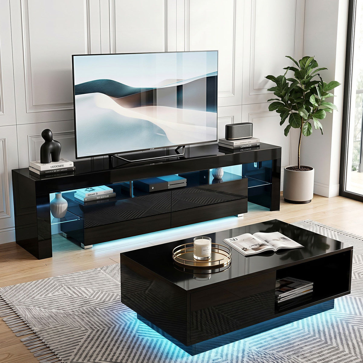 Artiss LED TV Unit and Coffee Table Set Storage Cabinet Black