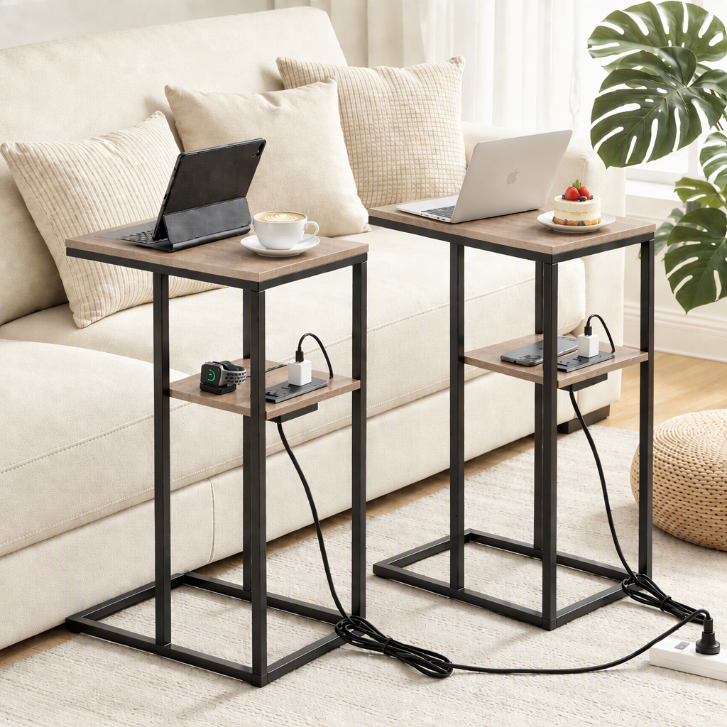 Artiss C-Shaped End Table Set of 2 with Charging Station