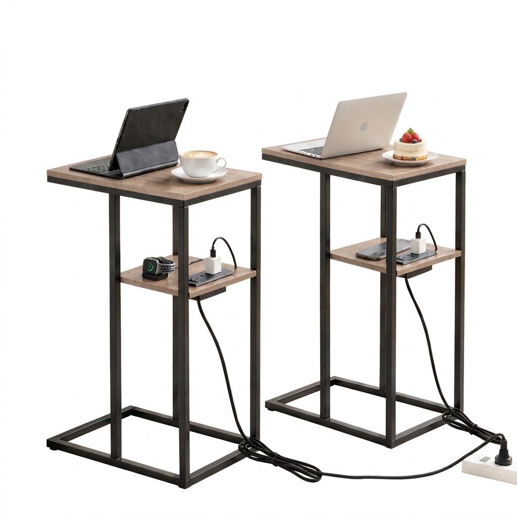 Artiss C-Shaped End Table Set of 2 with Charging Station