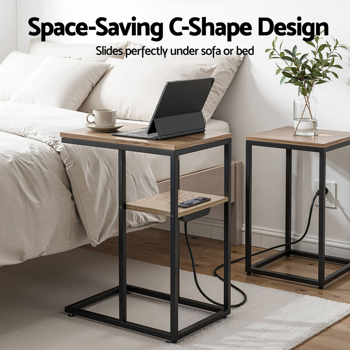 Artiss C-Shaped End Table Set of 2 with Charging Station