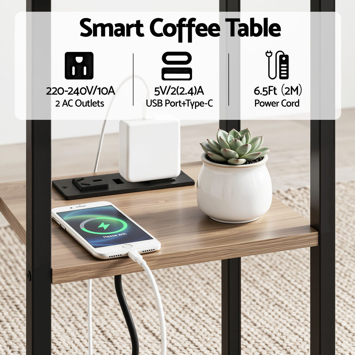 Artiss C-Shaped End Table Set of 2 with Charging Station