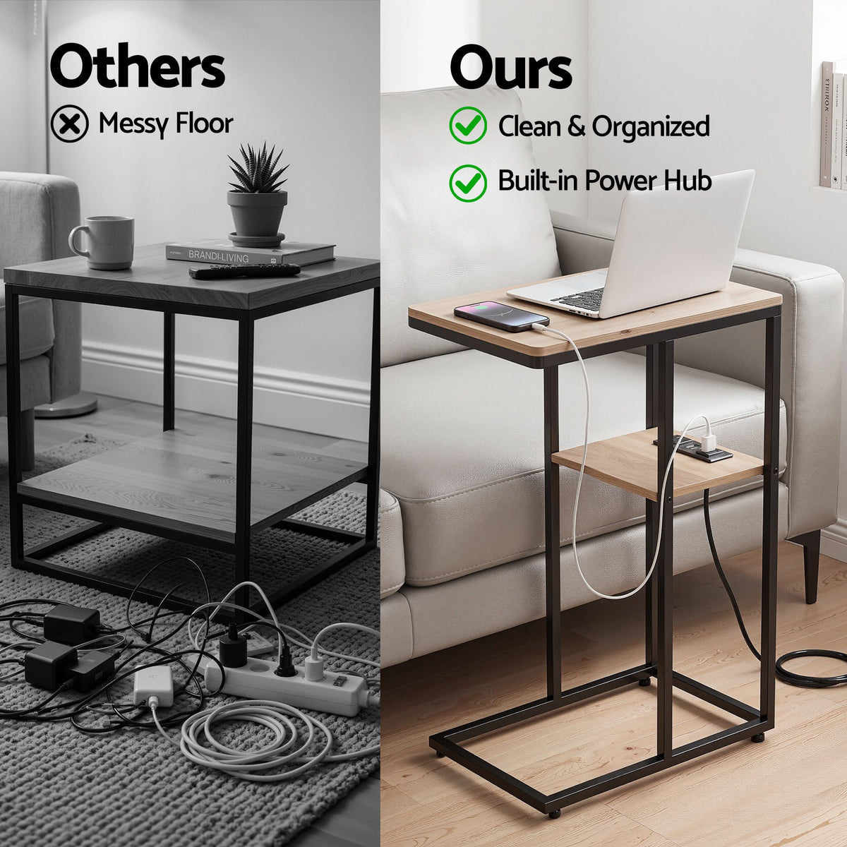 Artiss C-Shaped End Table Set of 2 with Charging Station