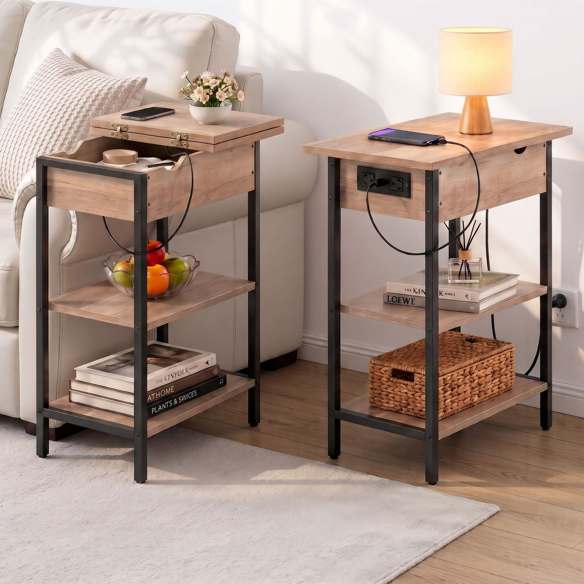 Artiss Coffee Table Set of 2 with Charging Station 60cm Wood
