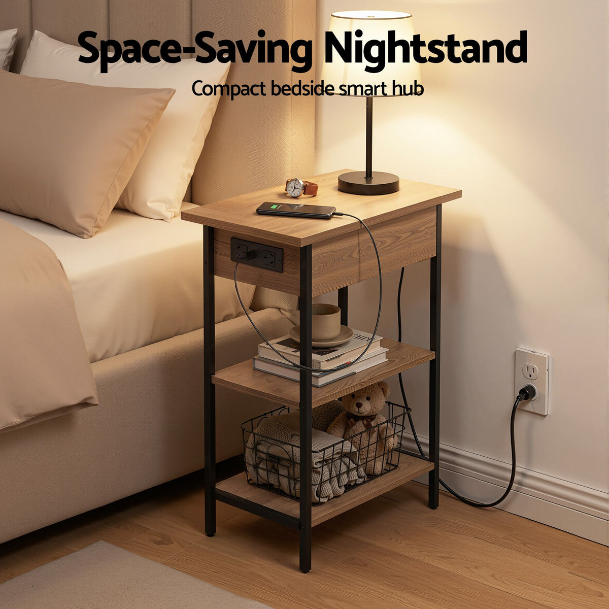 Artiss Coffee Table Set of 2 with Charging Station 60cm Wood