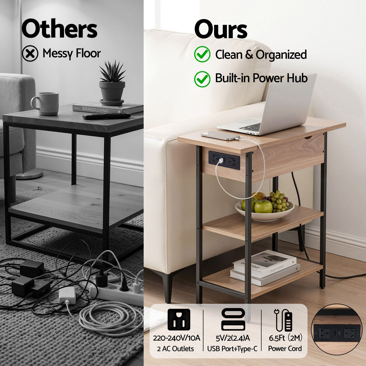 Artiss Coffee Table Set of 2 with Charging Station 60cm Wood