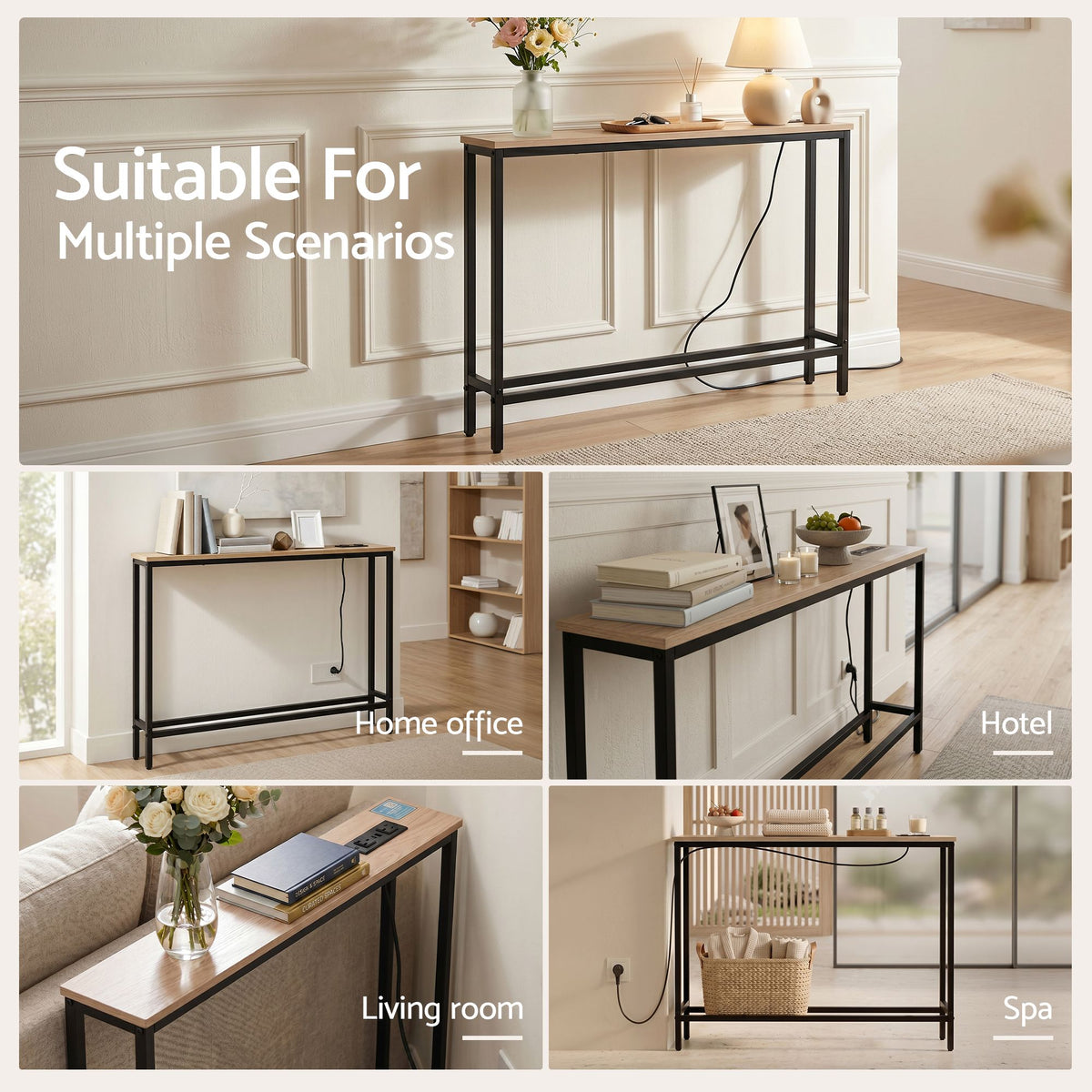 Artiss Set of 2 Narrow Sofa Console Tables with Charging Station, Wood