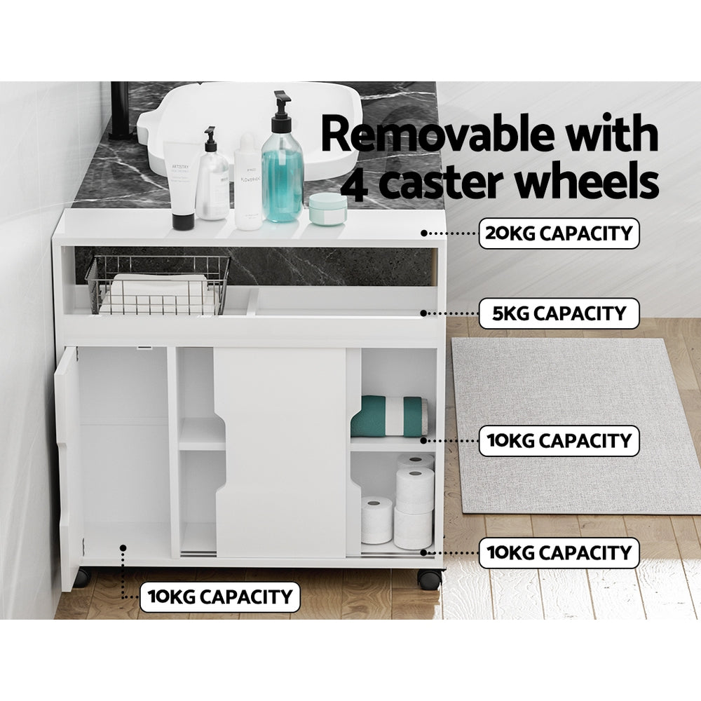 Artiss Bathroom Storage Cabinet 3-Door Caddy with Wheels White
