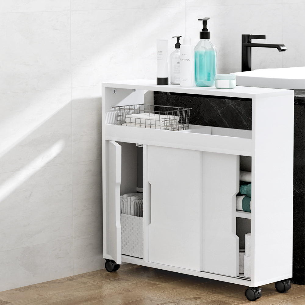 Artiss Bathroom Storage Cabinet 3-Door Caddy with Wheels White