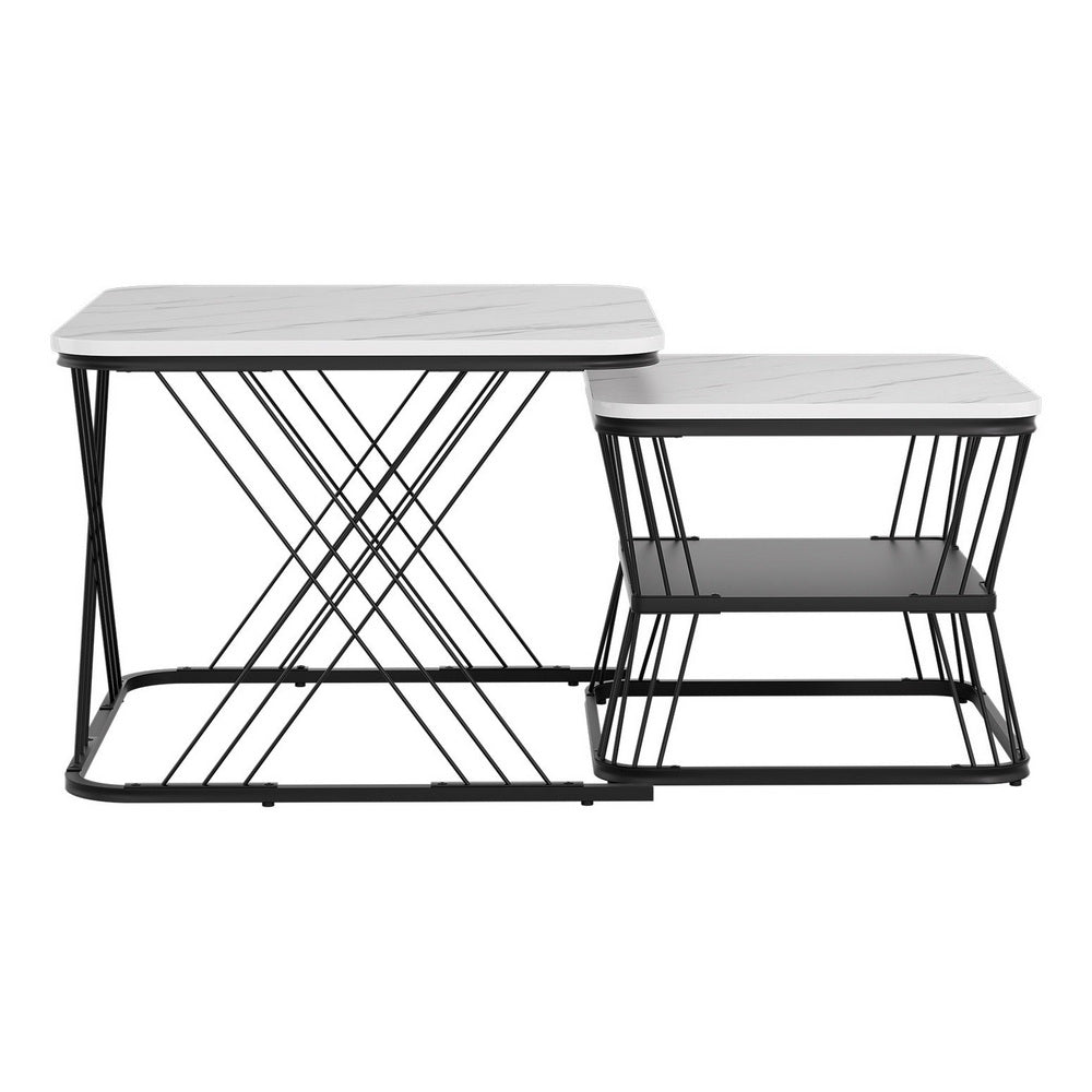 Marble Effect Nesting Coffee Table Set of 2 White and Black
