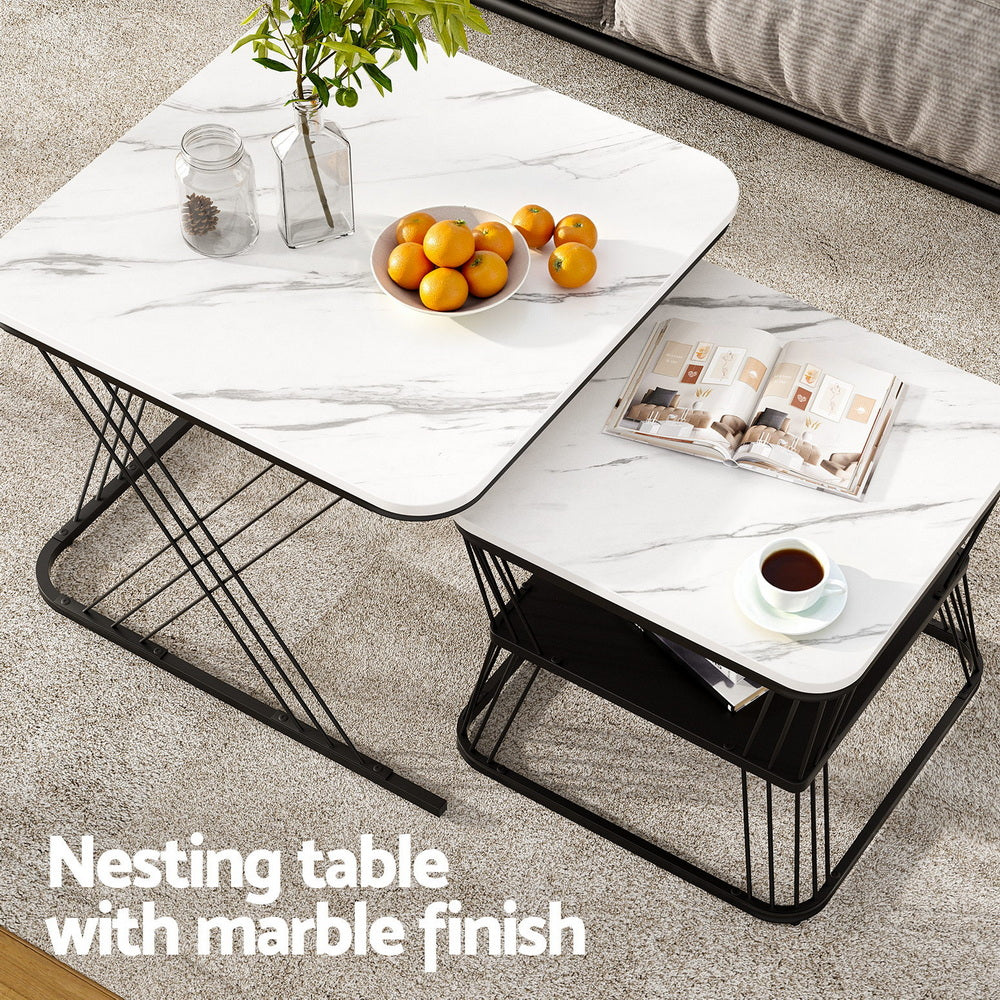 Marble Effect Nesting Coffee Table Set of 2 White and Black