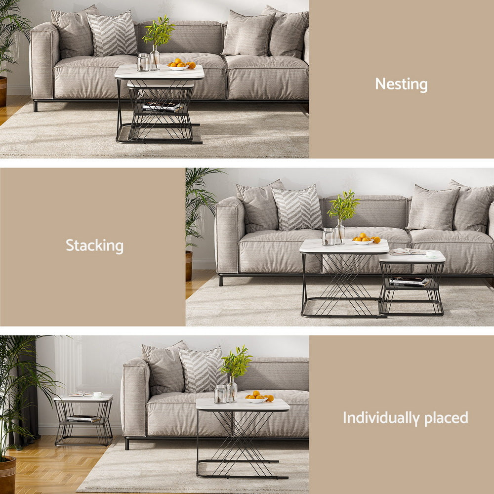 Marble Effect Nesting Coffee Table Set of 2 White and Black