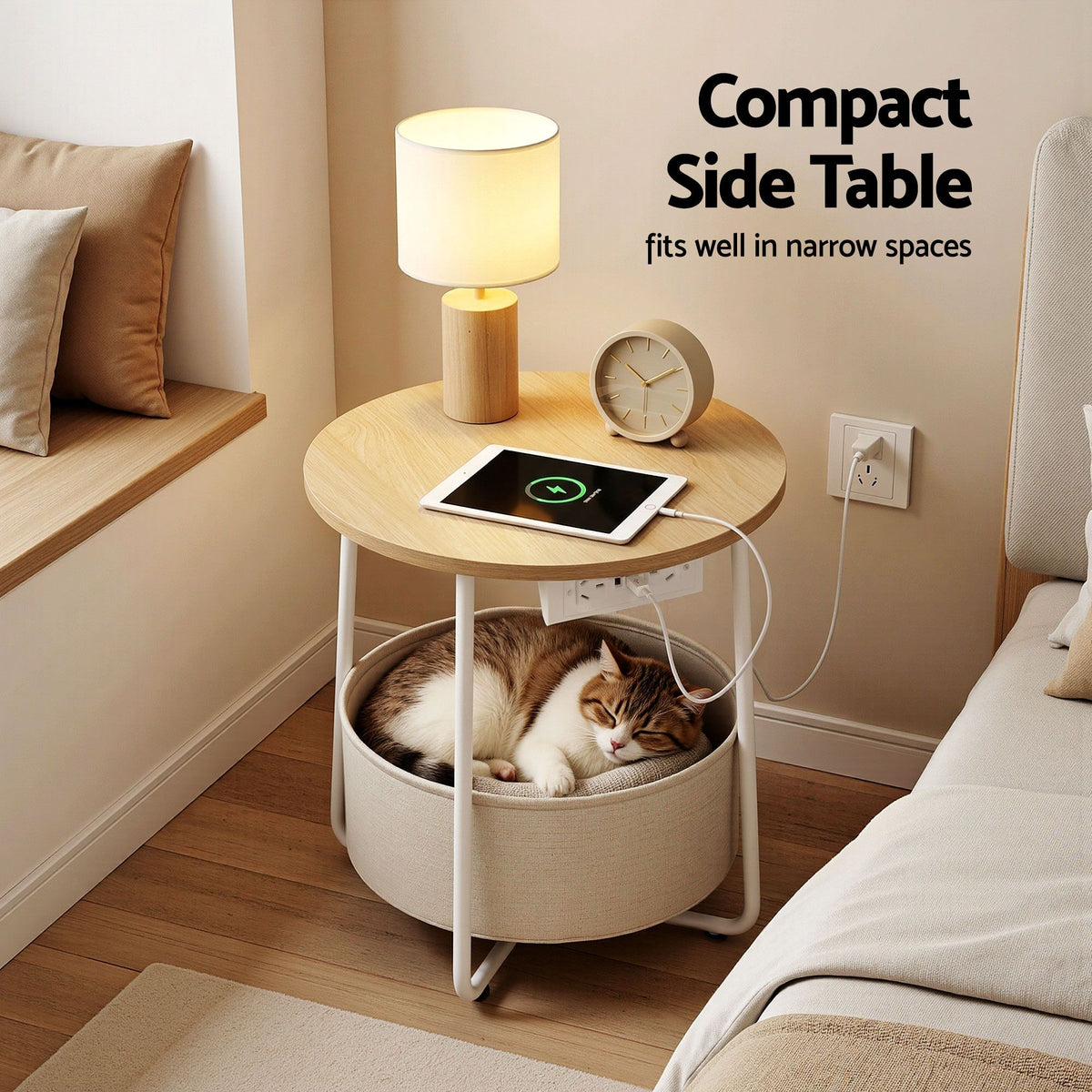 Artiss Set of 2 Round Coffee Table Bedside Side End Table Charging Station Storage Basket