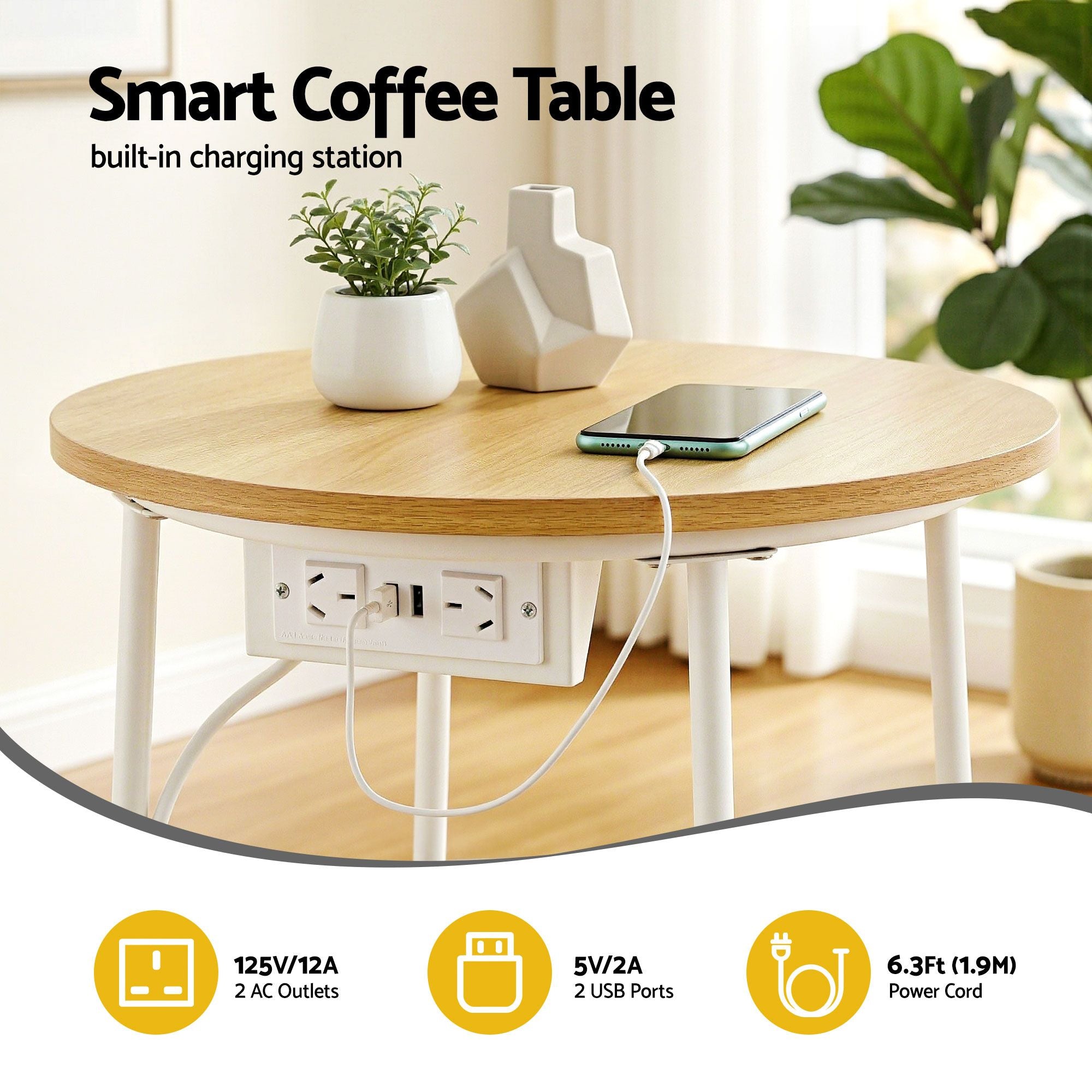 Artiss Set of 2 Round Coffee Table Bedside Side End Table Charging Station Storage Basket