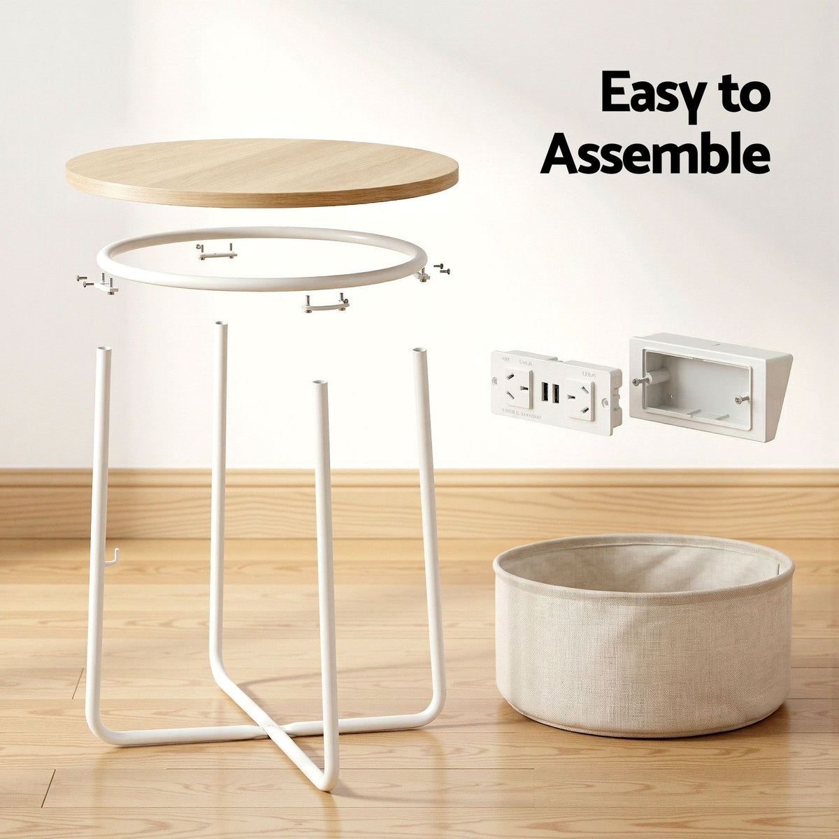Artiss Set of 2 Round Coffee Table Bedside Side End Table Charging Station Storage Basket