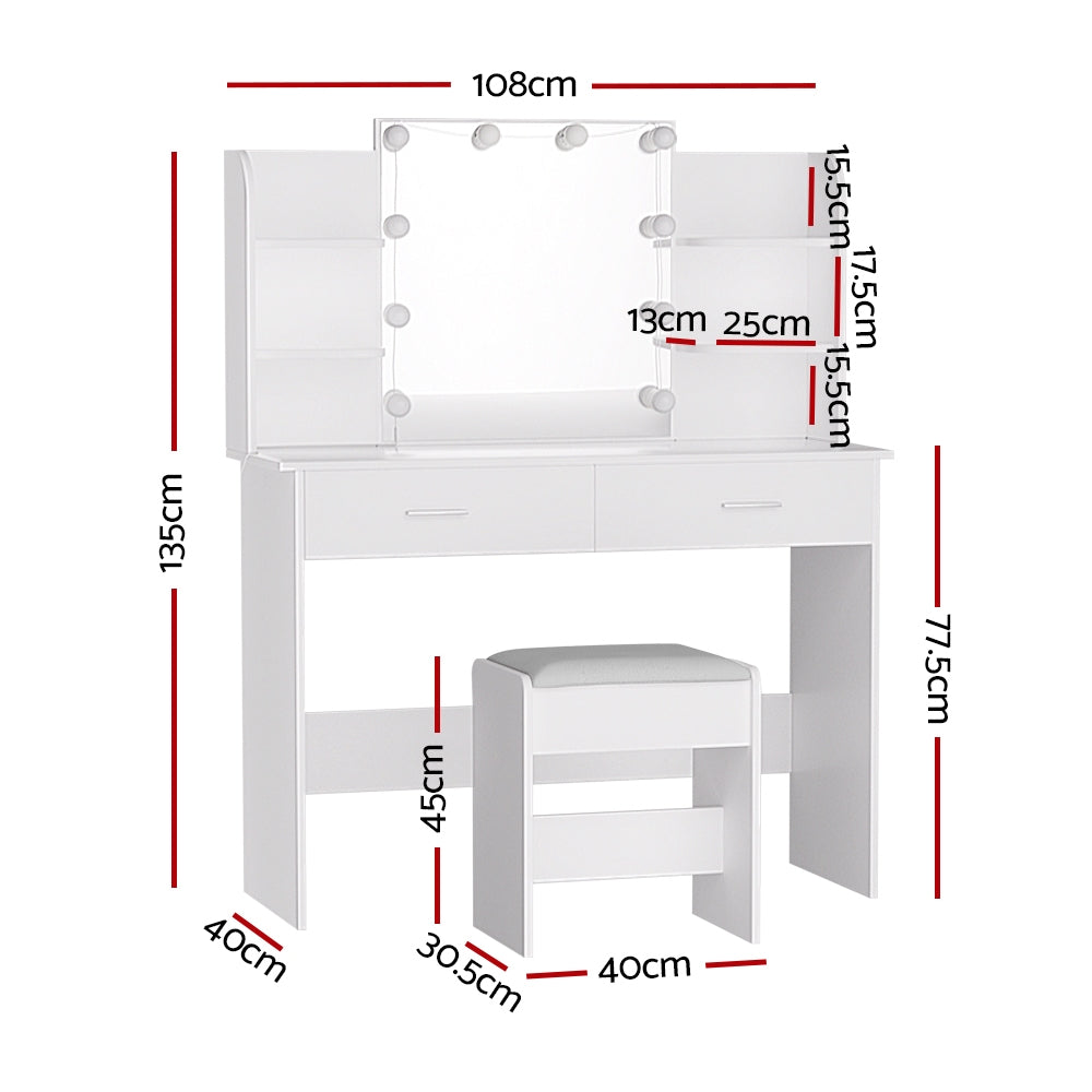 Dulcea Dressing Table Set 10 LED Bulbs White with Stool