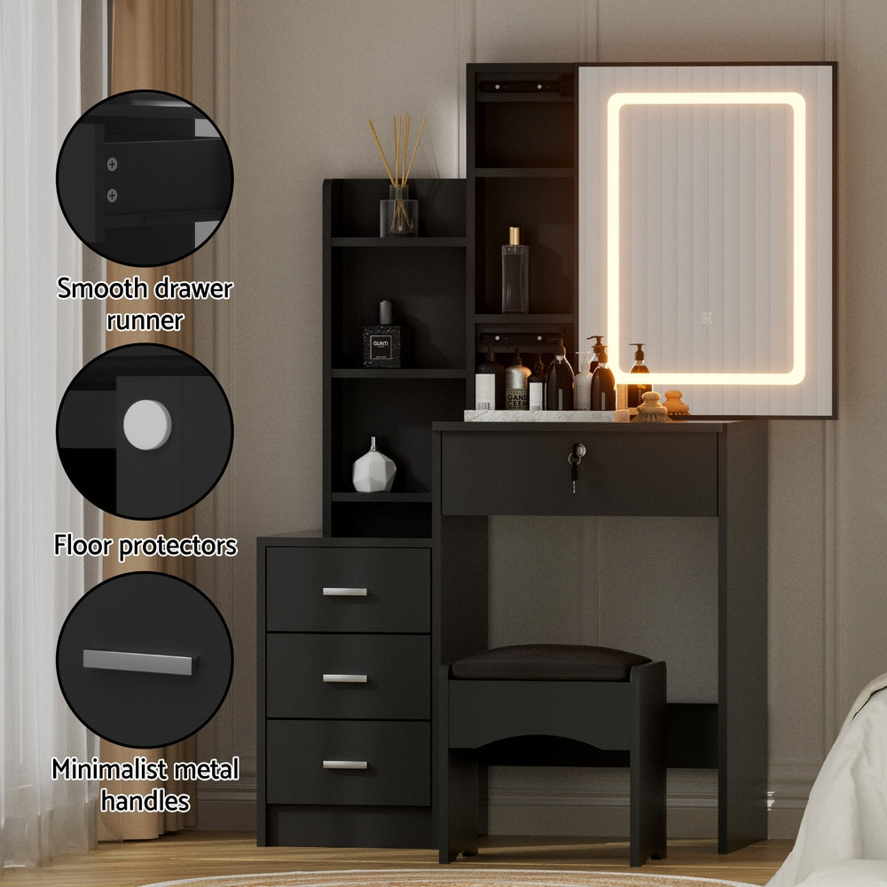 Artiss LED Vanity Desk Set Black with Stool