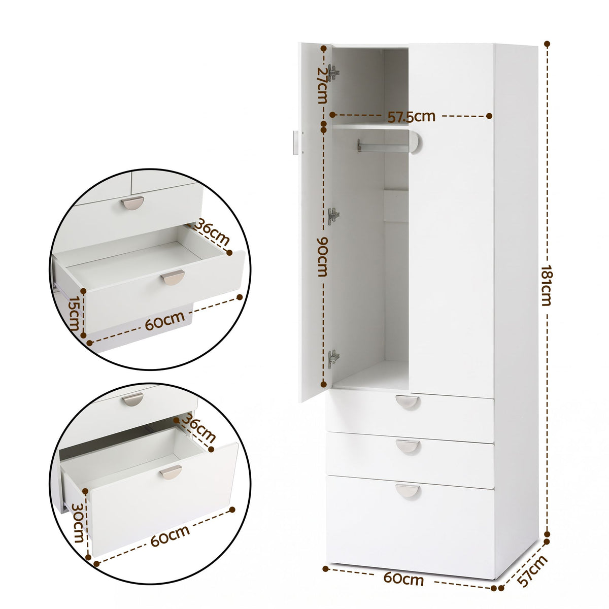 Artiss Wardrobe Cabinet Bedroom Clothes Storage Organiser Cupboard 3 Drawers Shelf Hanging Rod