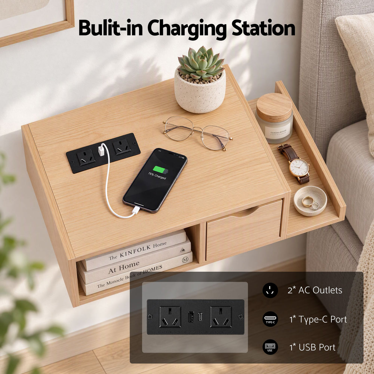 Artiss Floating Bedside Table with Charging Station Drawer Wall Mounted Oak