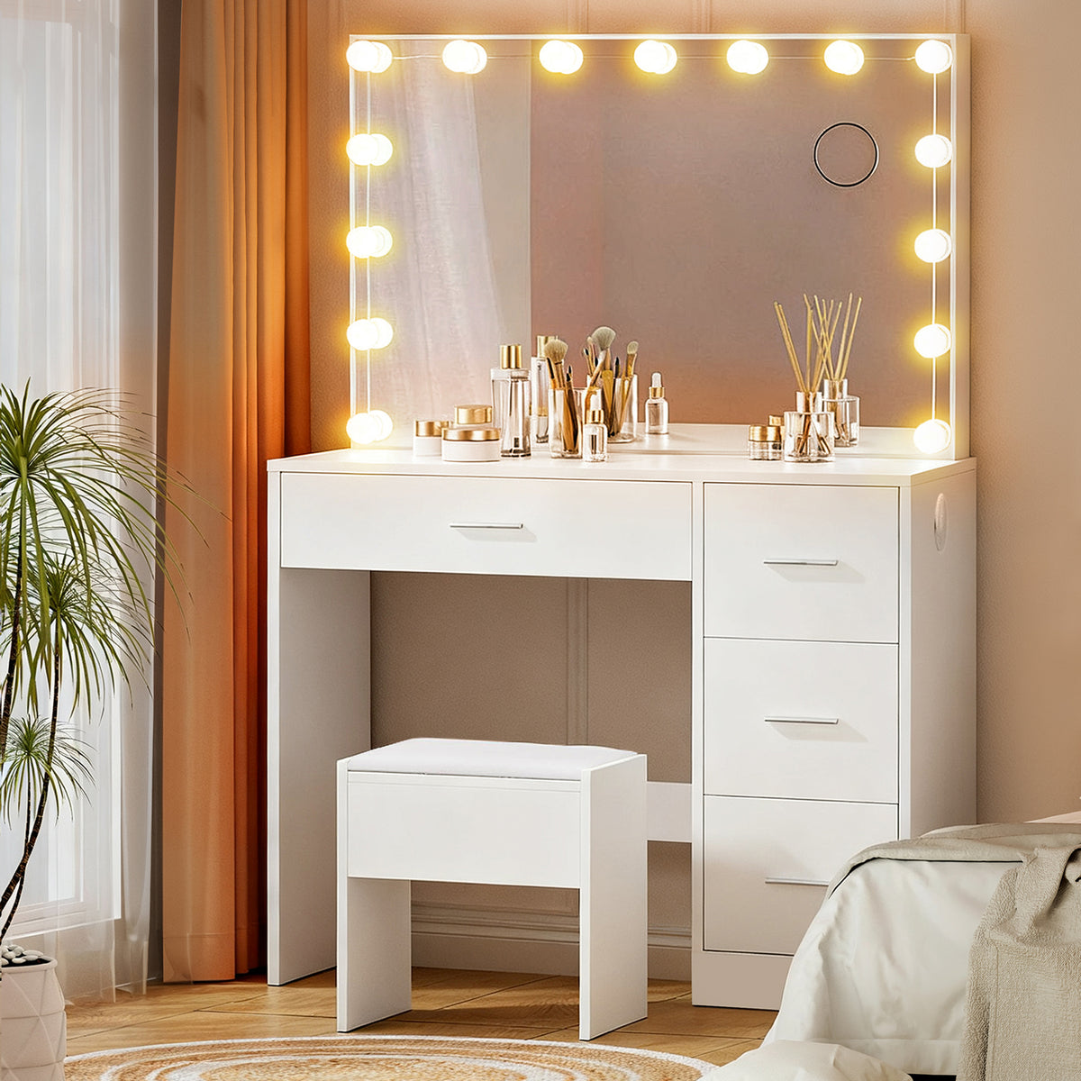 Darcy Dressing Table Set with Stool and 15 LED Bulbs White