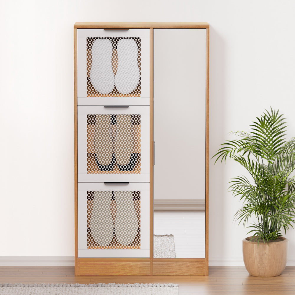 Alster Shoe Rack Cabinet Mirror Pine White