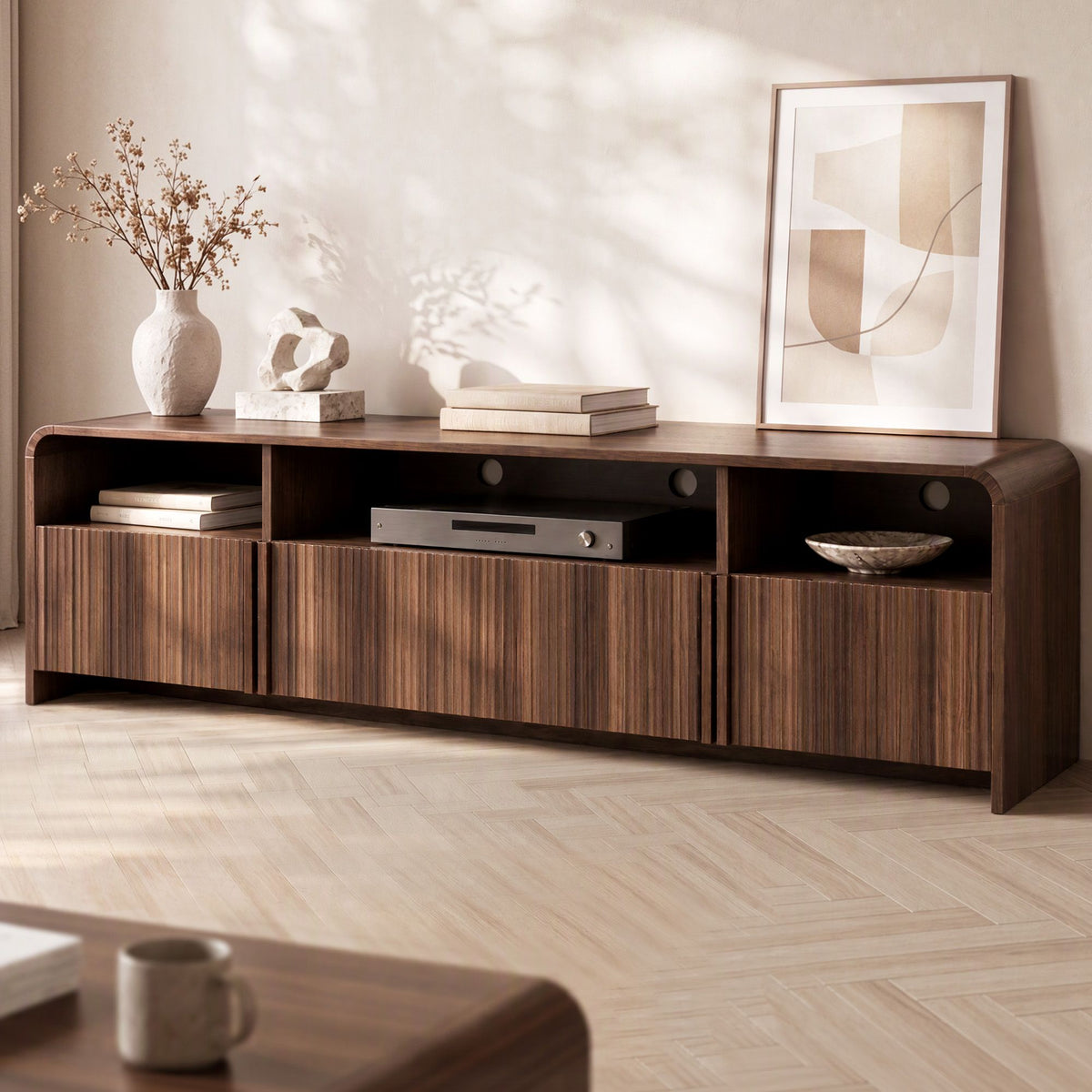 Artiss 180cm TV Unit Storage Cabinet Shelf Fluted Front Rounded Edge Anti-tip Kit Walnut
