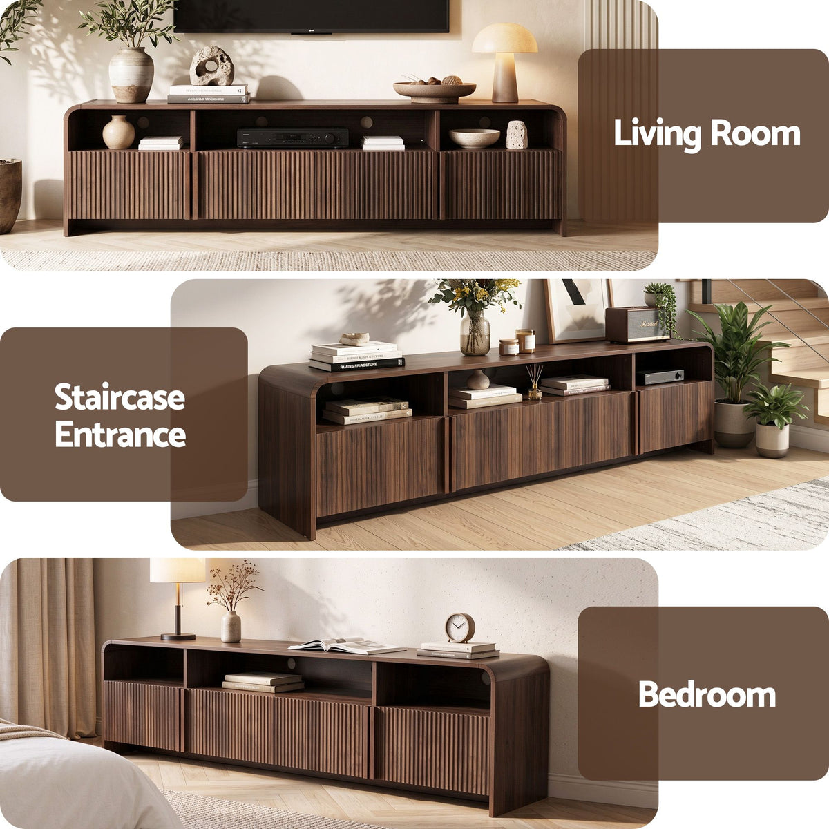 Artiss 180cm TV Unit Storage Cabinet Shelf Fluted Front Rounded Edge Anti-tip Kit Walnut