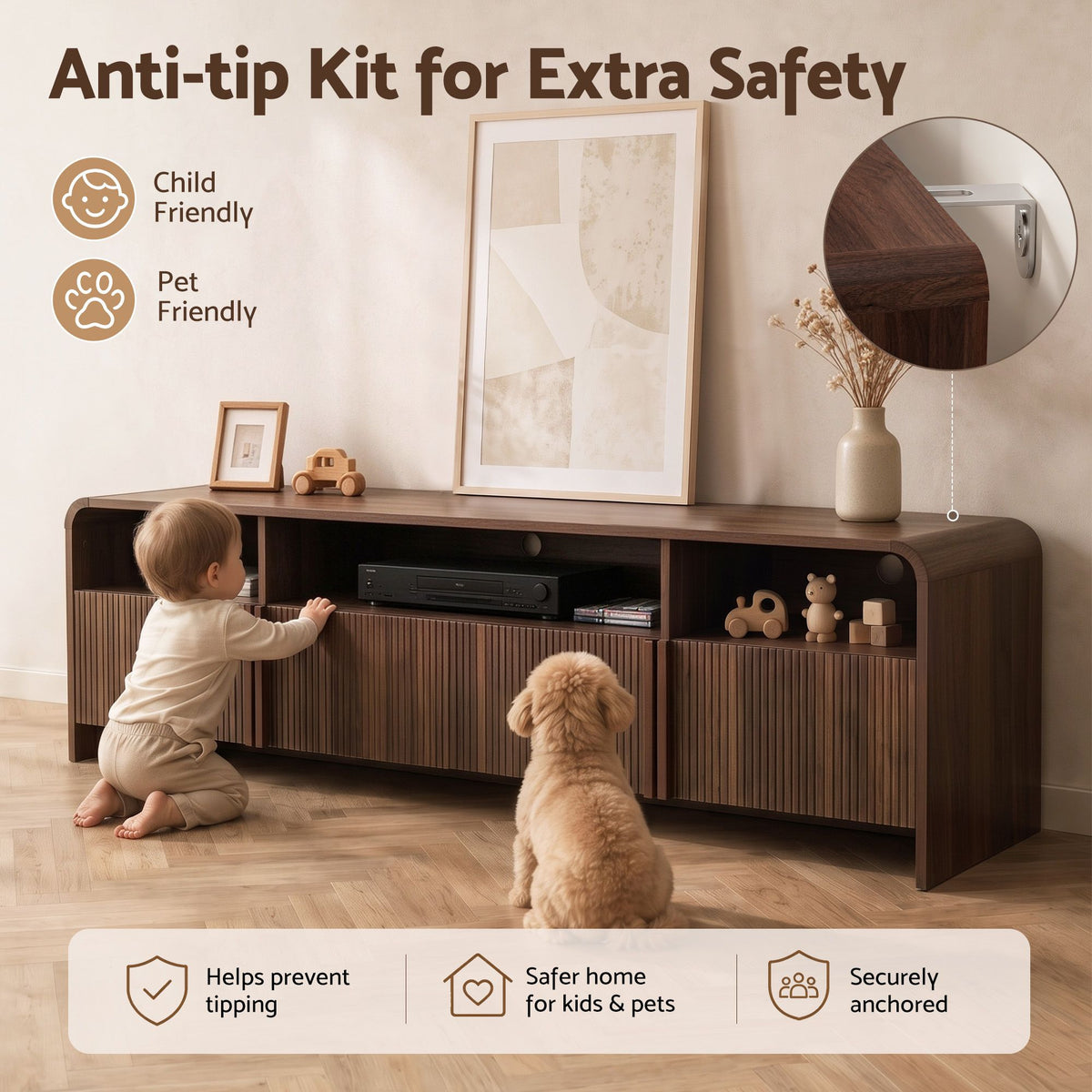 Artiss 180cm TV Unit Storage Cabinet Shelf Fluted Front Rounded Edge Anti-tip Kit Walnut