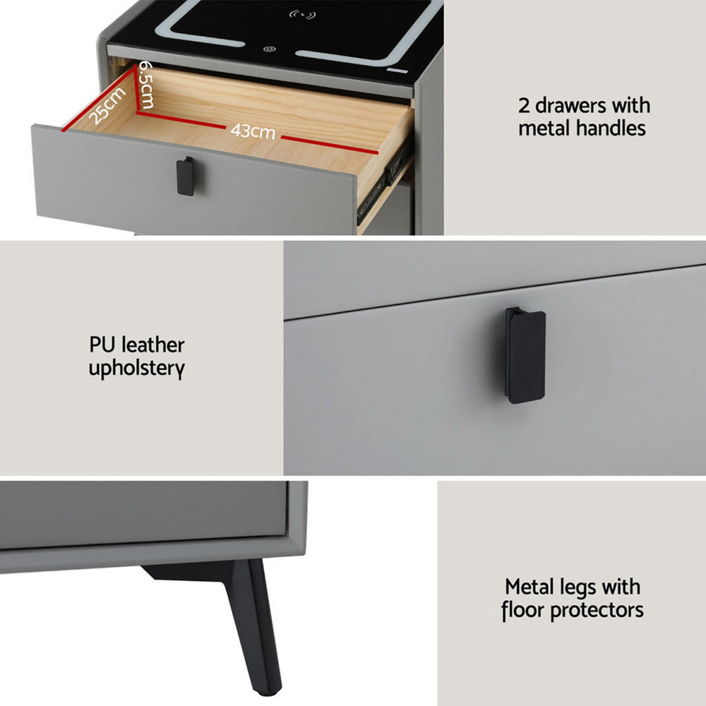 AIKA Smart Bedside Table Wireless Charging LED Grey