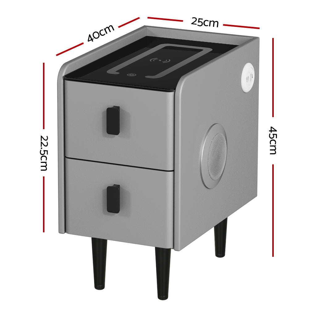 AIDA Smart Bedside Table 2 Drawers Wireless Charging LED Grey