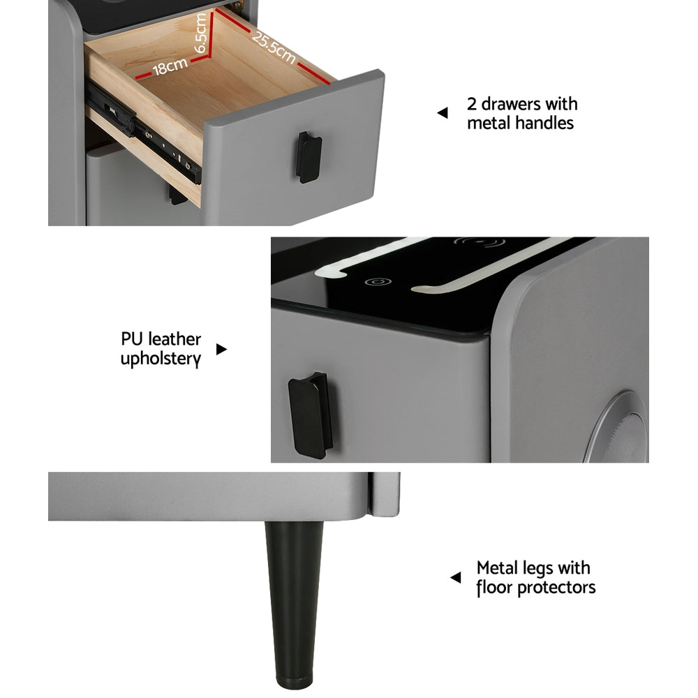 AIDA Smart Bedside Table 2 Drawers Wireless Charging LED Grey