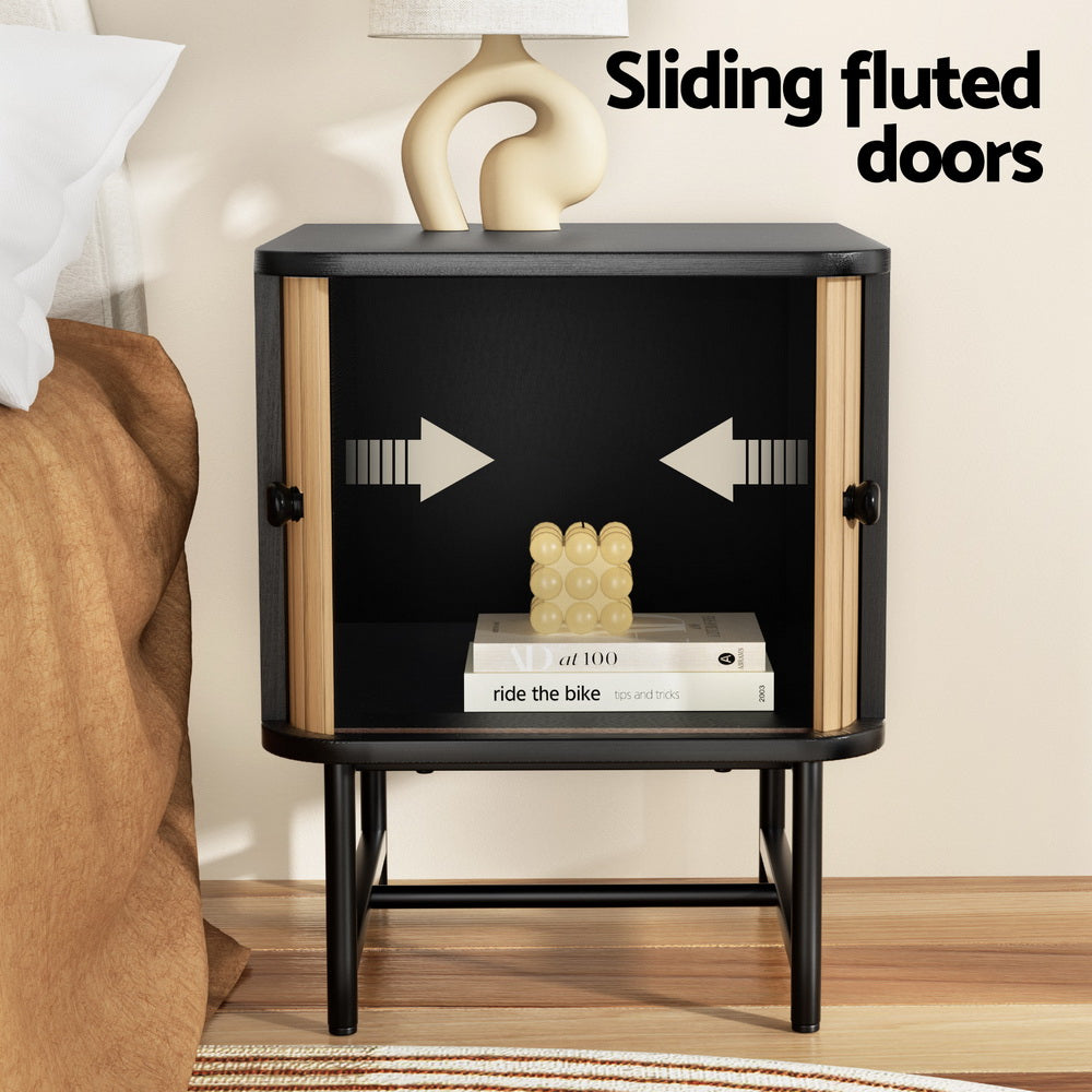 Boris Bedside Table Sliding Doors Pine Black
