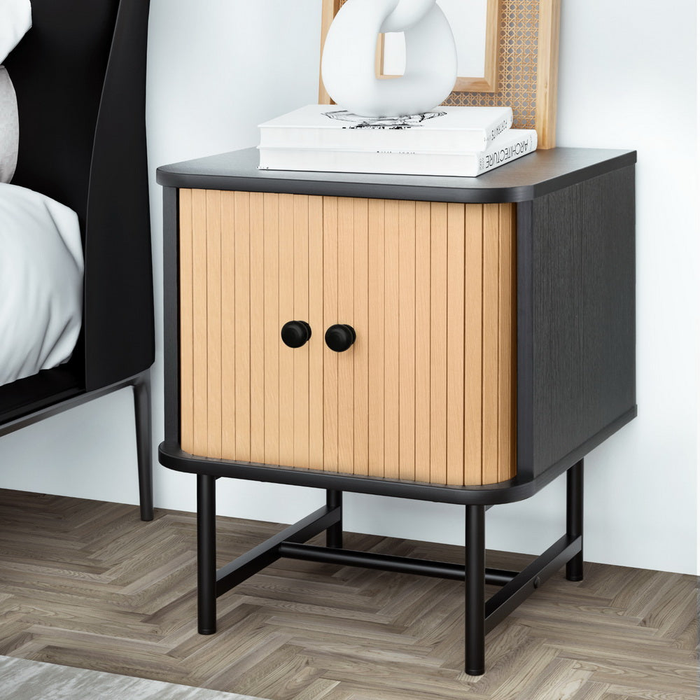 Boris Bedside Table Sliding Doors Pine Black