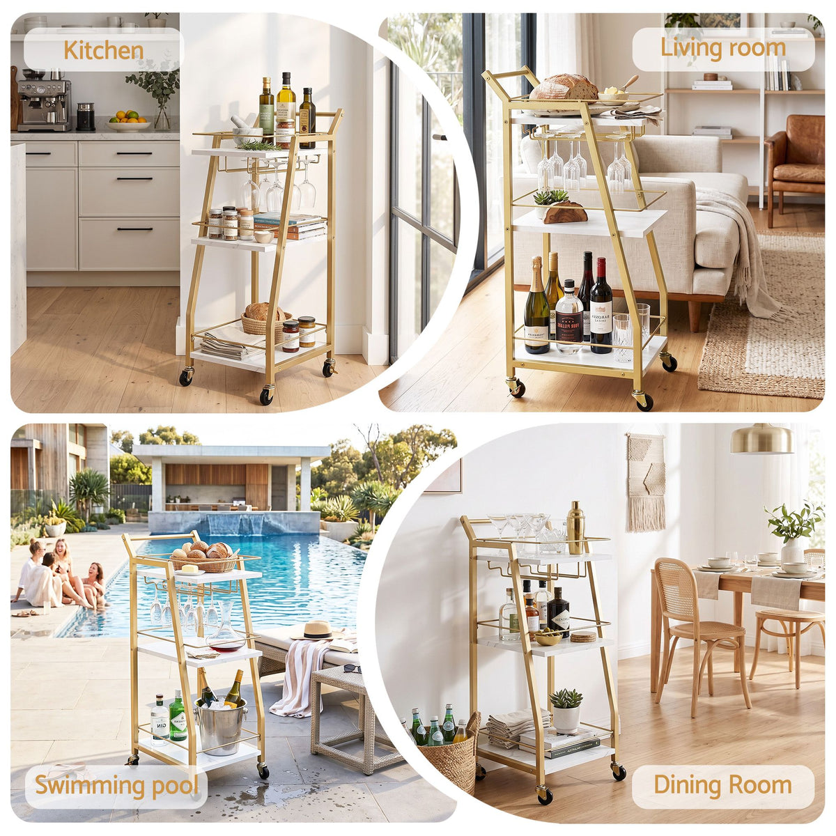Artiss Bar Cart Trolley Kitchen Island Serving Wine Glass Holder Marble 41cm