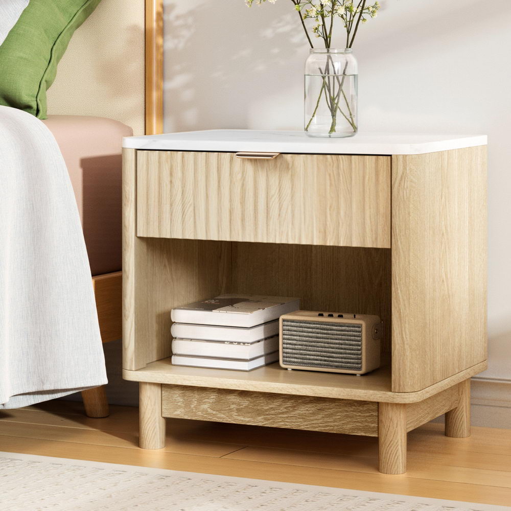 Artiss Pine Nightstand 1-Drawer Shelves White