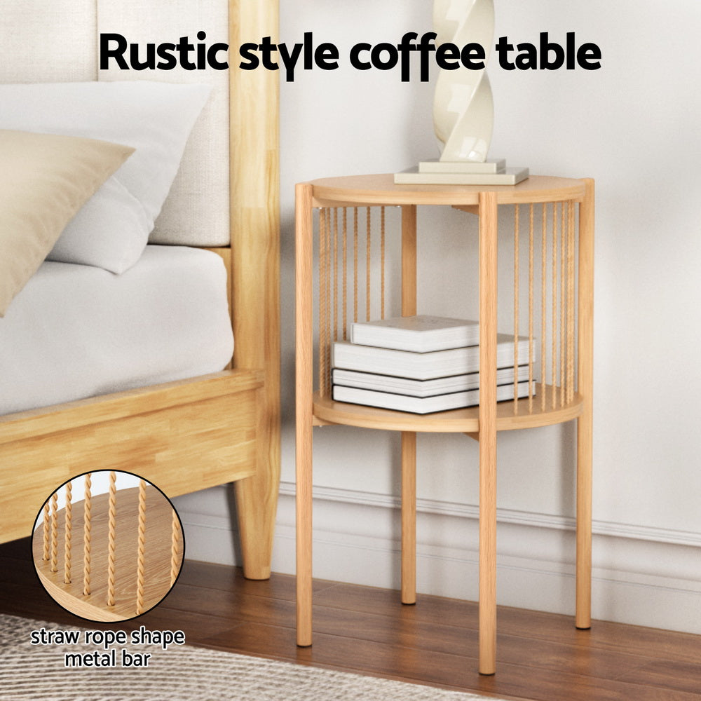 Artiss Pine Round Coffee Table 2-Tier Rustic Wood